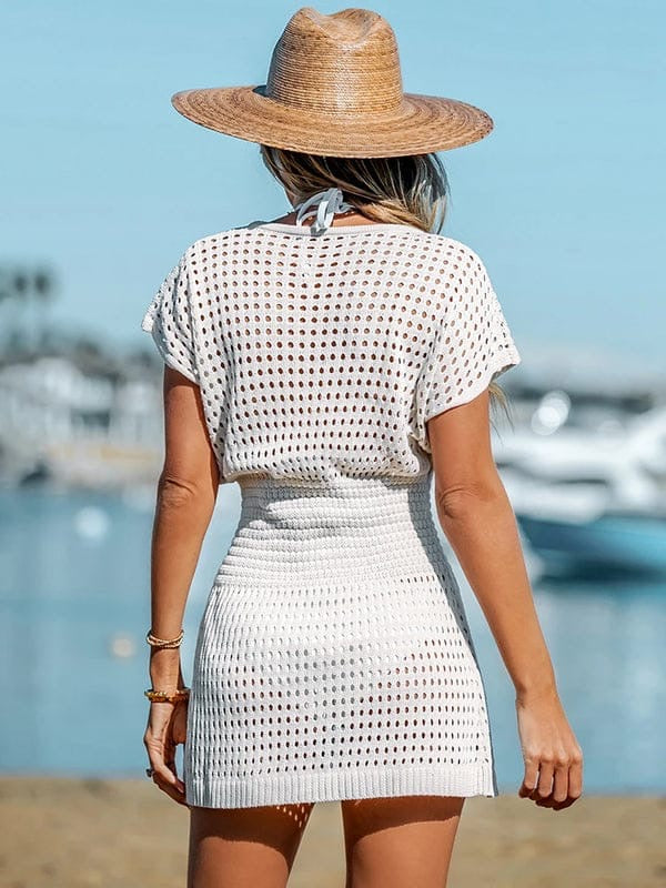Robe de Plage Femme V-Col Dentelle Mini Cache-Maillot Manches Courtes