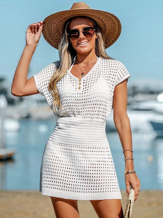 Robe de Plage Femme V-Col Dentelle Mini Cache-Maillot Manches Courtes